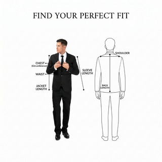 Diagram showing how to measure a suit for a perfect fit with a man and a suit outline.