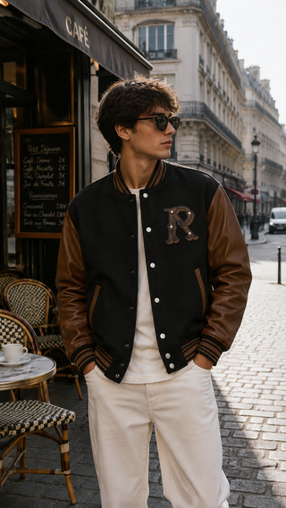 A man wearing a varsity-style jacket with a black body and brown sleeves, standing on a cobblestone street in front of a cafe.