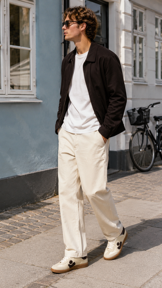 Man wearing a black jacket, white shirt, beige pants, and white shoes standing on a sidewalk.