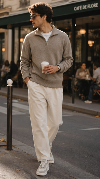 Man walking on a street holding a coffee cup, wearing a beige sweater and light-colored pants.